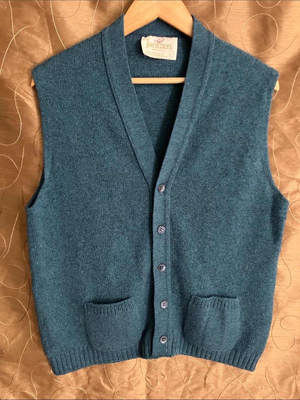 60s-70s Jantzen Blue Knit Button Front Sweater Vest Mens USA Retro Vintage L